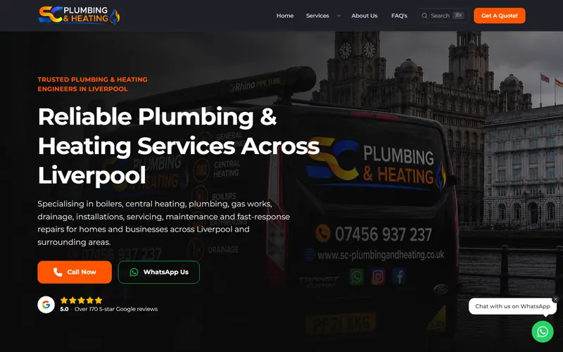 A plumber's website we built: the firm's van in front of the Liver Building, with call and WhatsApp buttons
